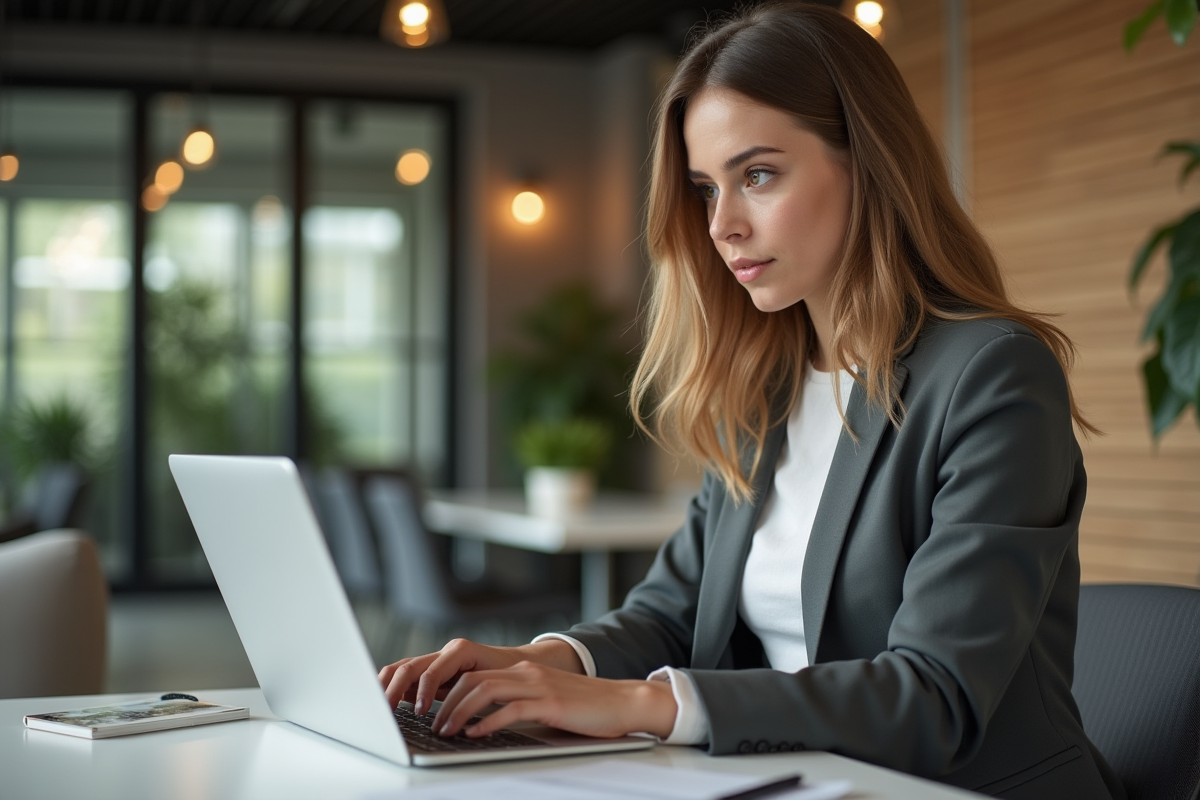 Jeune femme professionnelle travaillant sur un ordinateur dans un espace coworking