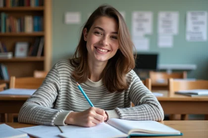 Jeune femme souriante en classe travaillant sur un livre de français