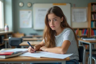 Jeune fille de 17 ans en classe avec livres et notes