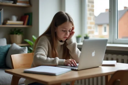 Jeune fille en salon studieux avec ordinateur et livres