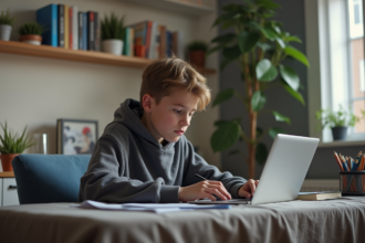 Jeune garçon en hoodie travaillant sur son ordinateur dans sa chambre