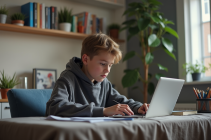 Jeune garçon en hoodie travaillant sur son ordinateur dans sa chambre