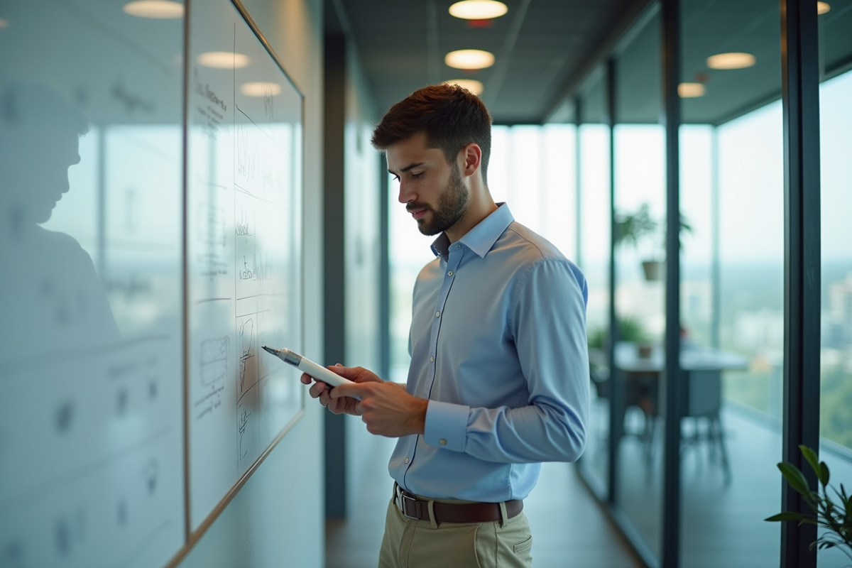 Jeune homme étudiant ses notes au bureau