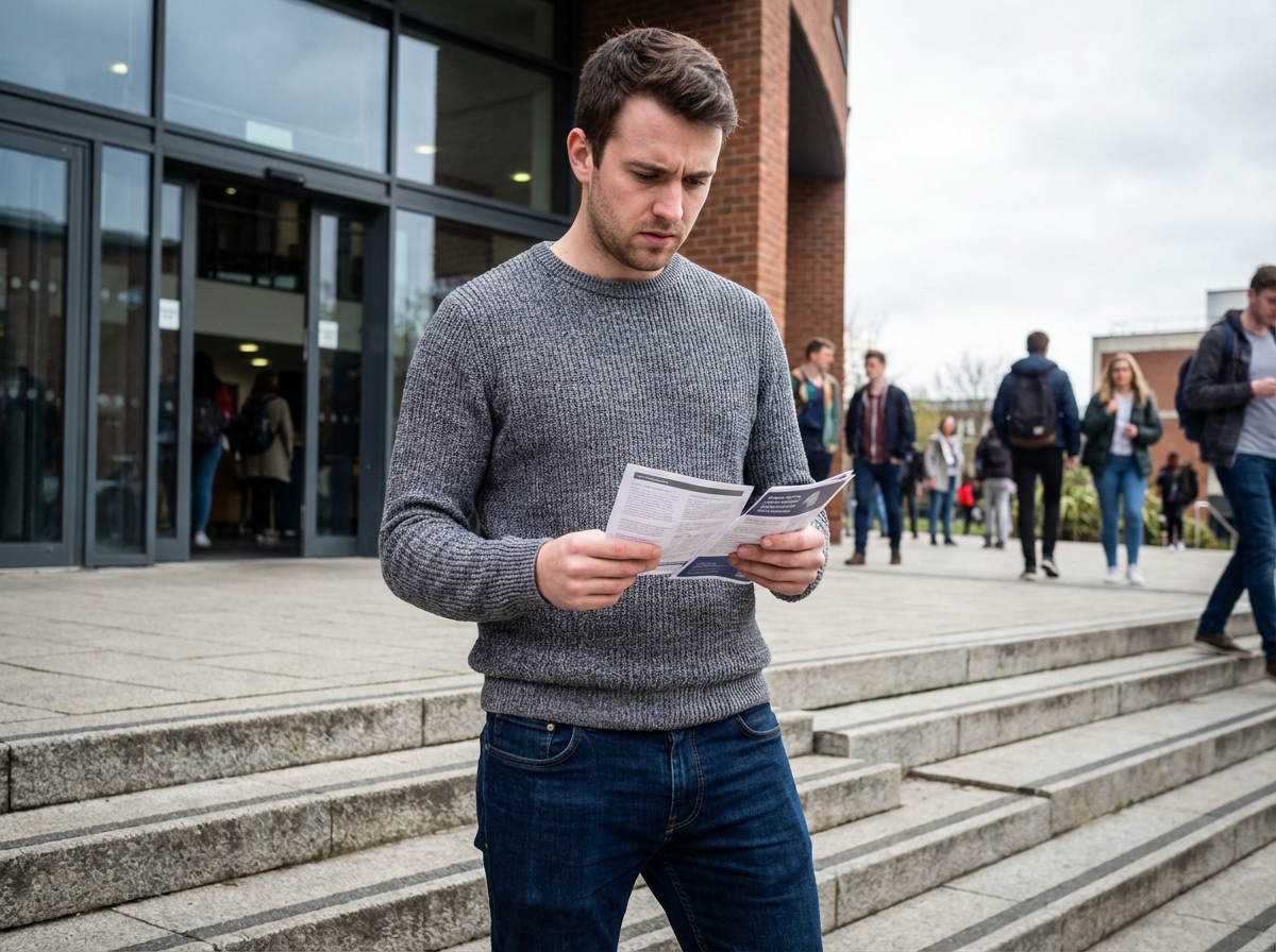 Jeune homme avec prospectus devant un batiment universitaire