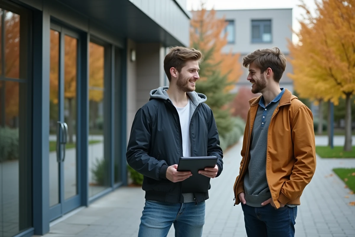 Jeune homme discutant avec un pair devant une école