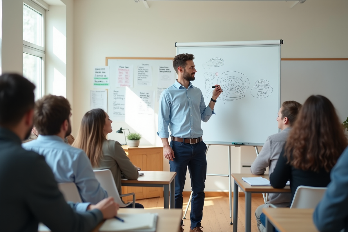 Jeune homme expliquant un projet devant un tableau blanc