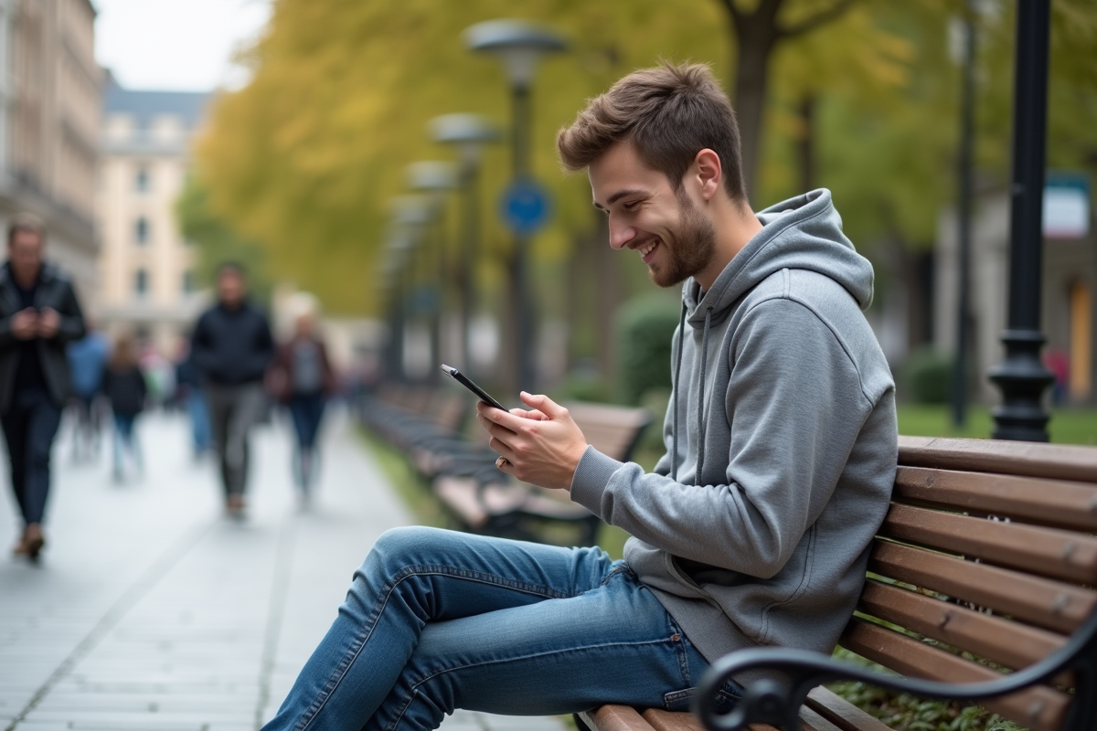 Jeune homme souriant lisant sur son smartphone dans un espace urbain