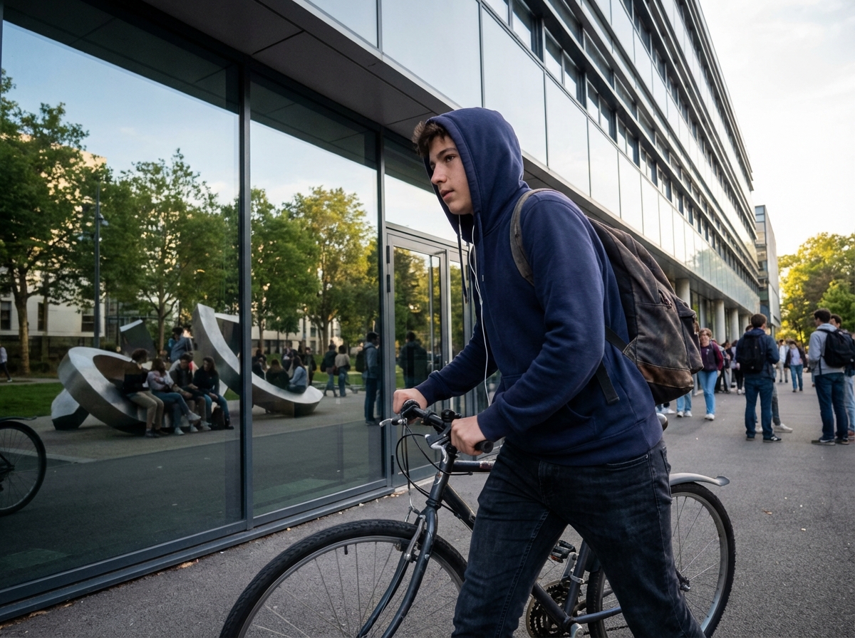Jeune lyceen à vélo devant un bâtiment moderne à Rennes