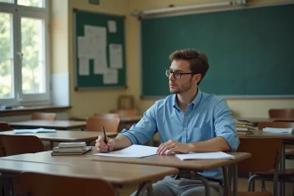Jeune professeur homme dans une salle de classe modeste