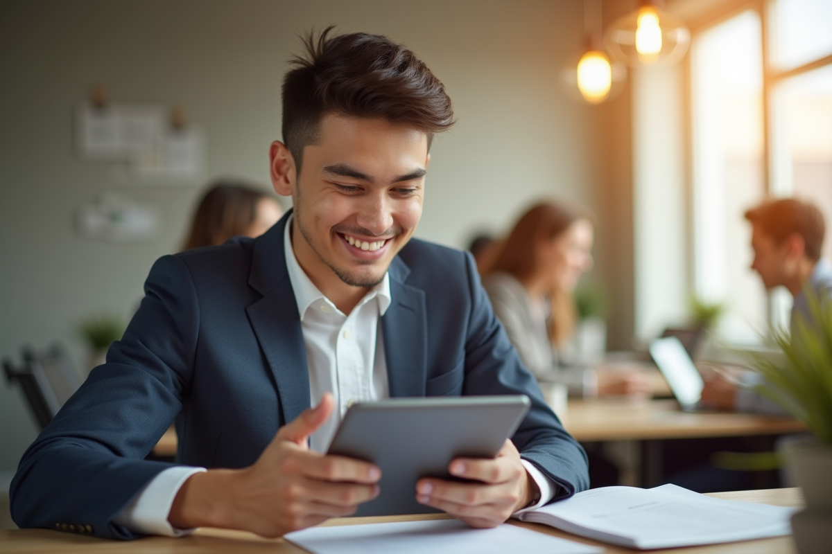 Jeune travailleur souriant utilisant une tablette dans un espace de coworking