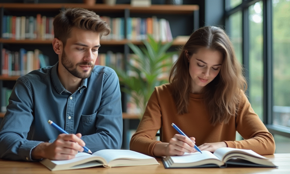 Deux jeunes étudiants concentrés à la bibliothèque universitaire