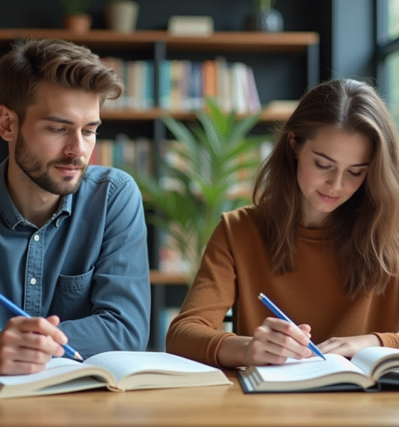 Deux jeunes étudiants concentrés à la bibliothèque universitaire