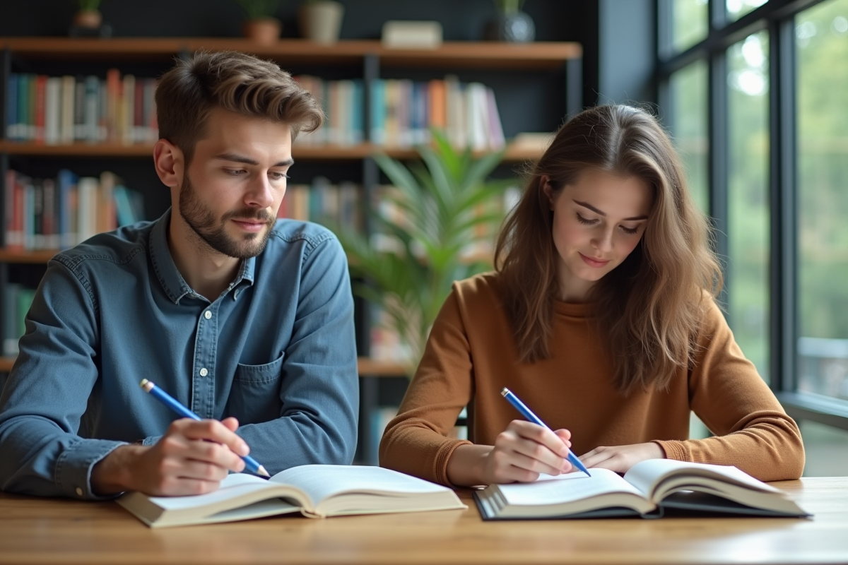 Deux jeunes étudiants concentrés à la bibliothèque universitaire