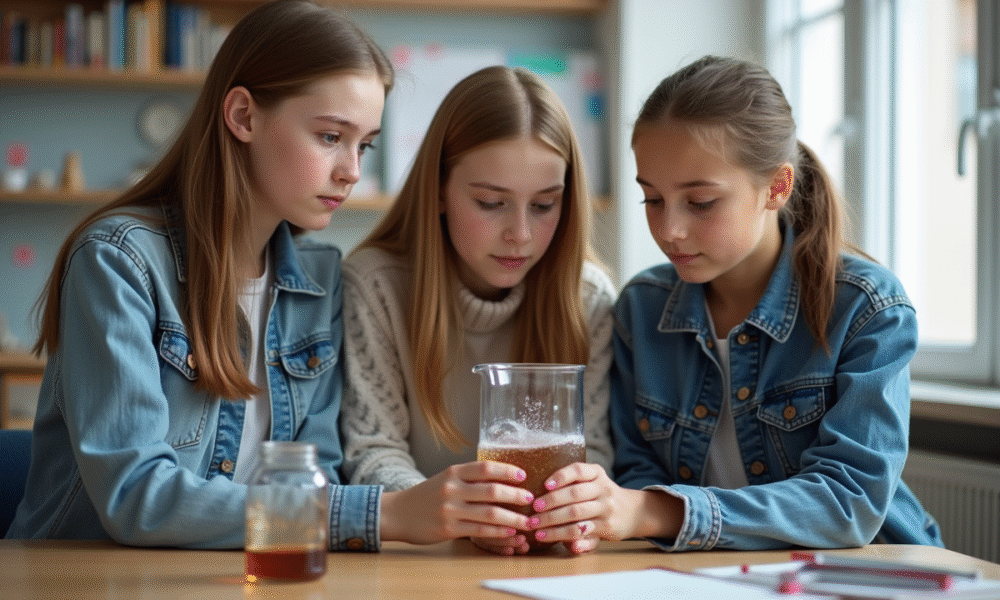 Trois adolescents observant une expérience en laboratoire scolaire