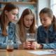Trois adolescents observant une expérience en laboratoire scolaire