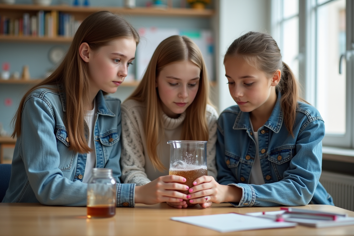 Trois adolescents observant une expérience en laboratoire scolaire