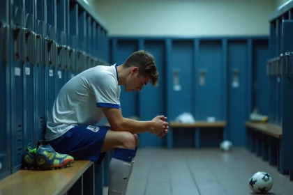 Jeune joueur du centre de formation de l'OM assis seul dans les vestiaires, visage fatigué et pensif, illustrant la pression psychologique des académies de football