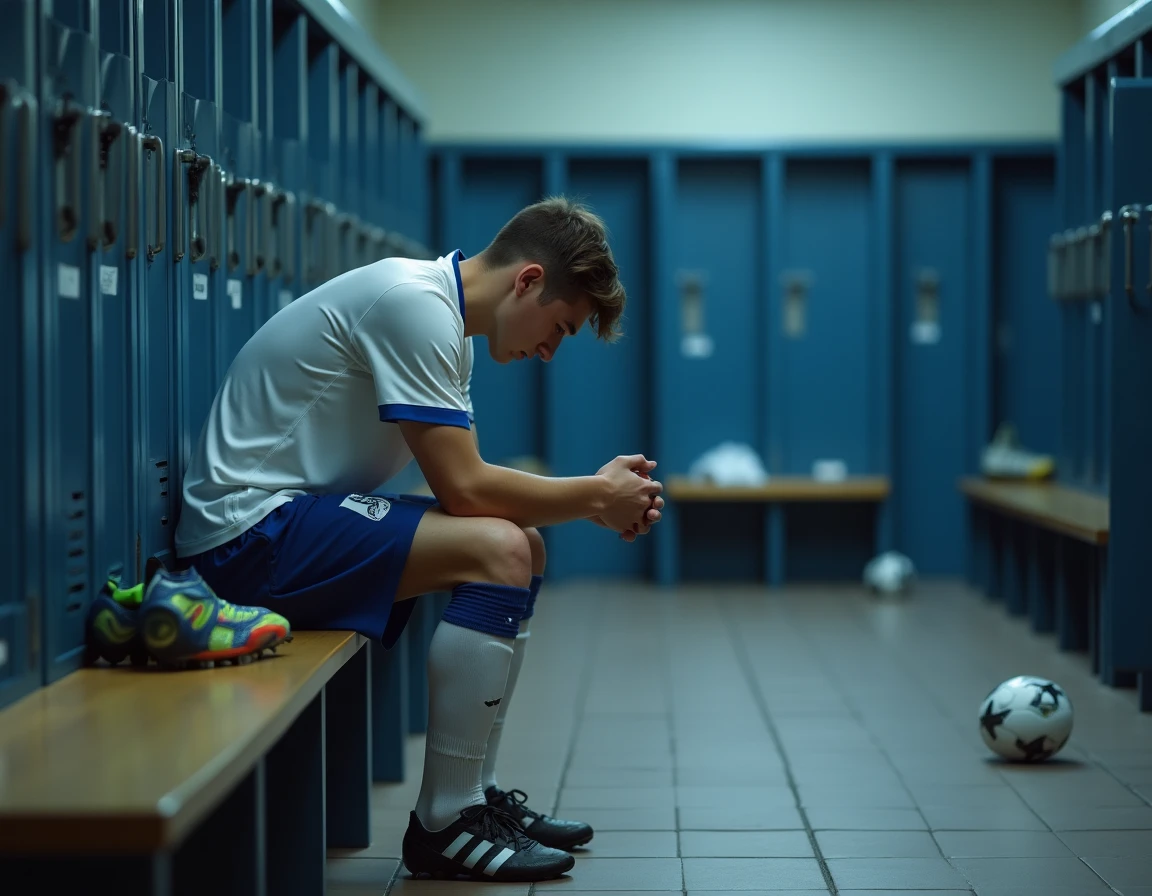 Jeune joueur du centre de formation de l'OM assis seul dans les vestiaires, visage fatigué et pensif, illustrant la pression psychologique des académies de football