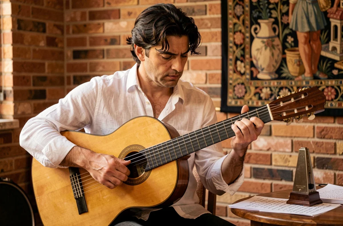 Julien Andela joue de la guitare flamenco dans son studio de cours à Lyon