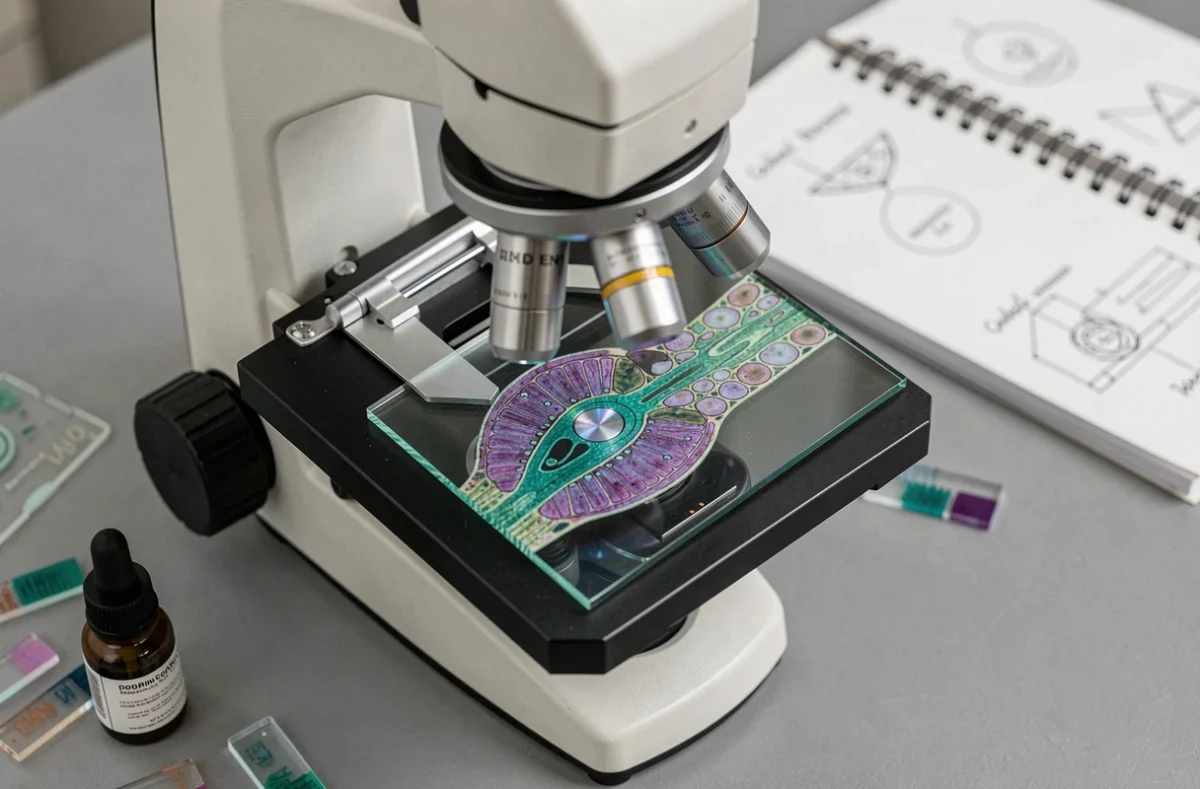Gros plan sur une lame de microscope avec coupe longitudinale de racine colorée au laboratoire de biologie