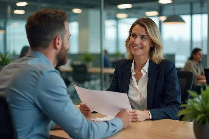 Femme cadre remettant une lettre de recommandation à un collègue dans un bureau moderne lors d'une discussion professionnelle
