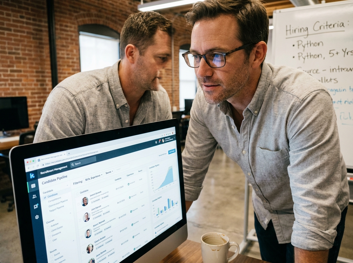 Manager utilisant un logiciel de gestion des candidatures sur un grand écran dans un bureau moderne