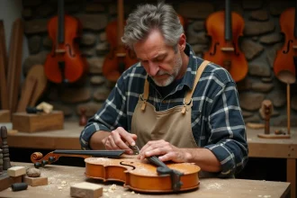 Luthier artisan façonnant un violon en bois dans un atelier traditionnel, métier rare et manuel