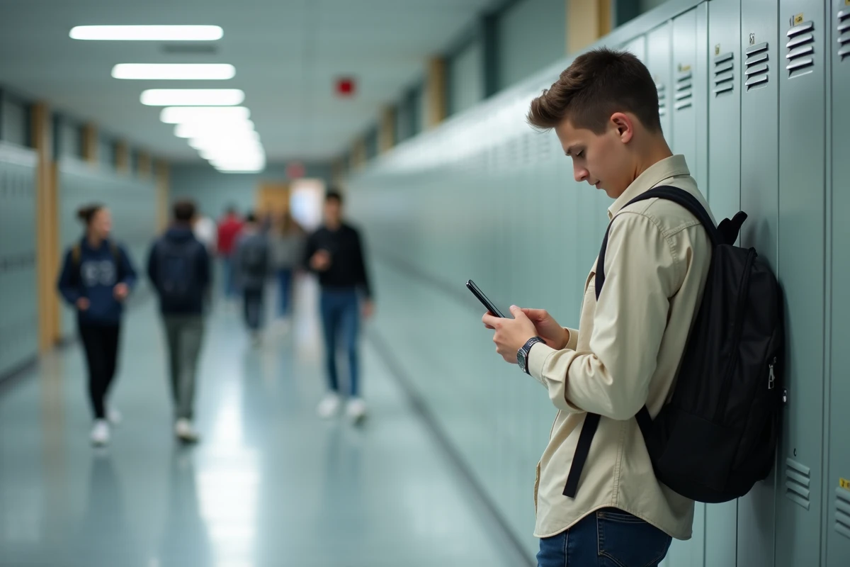 Lycéen consultant l'application ENT Île-de-France sur smartphone dans un couloir de lycée