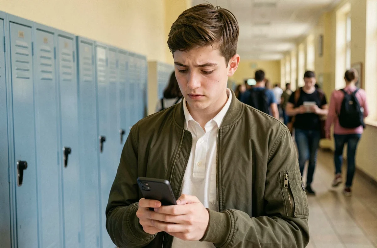 Lycéen consultant l'ENT Île-de-France sur son smartphone dans le couloir d'un lycée parisien