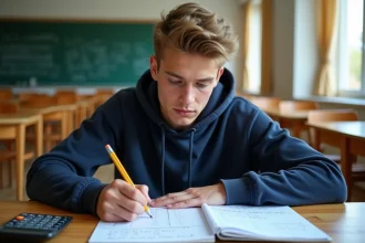 Lycéen calculant sa moyenne avec coefficients sur une feuille de notes posée sur un bureau en bois en salle de classe