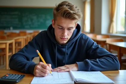 Lycéen calculant sa moyenne avec coefficients sur une feuille de notes posée sur un bureau en bois en salle de classe