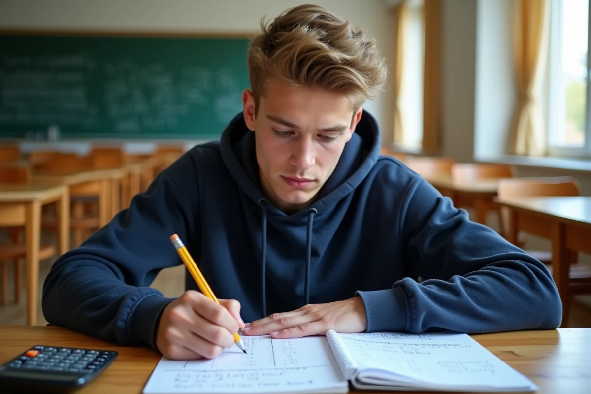 Lycéen calculant sa moyenne avec coefficients sur une feuille de notes posée sur un bureau en bois en salle de classe