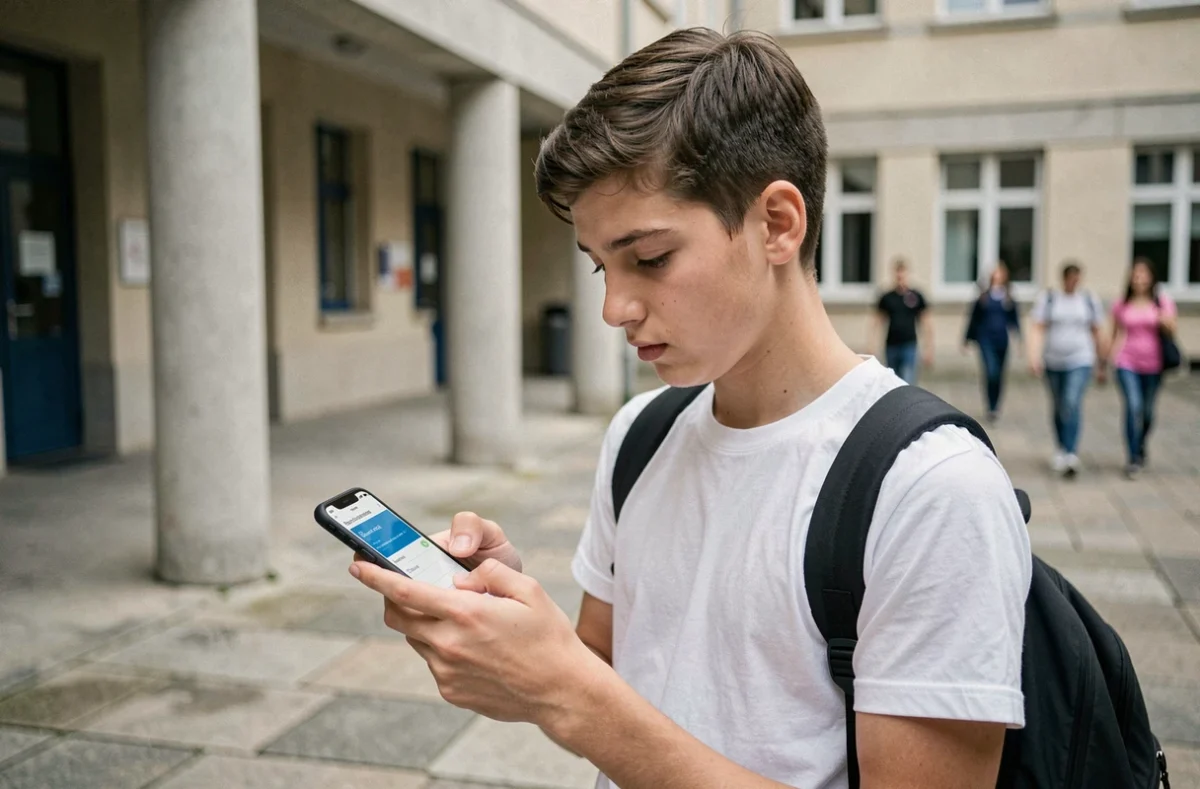Lycéen vérifiant la sécurité de son compte ENT91 Mon Lycée depuis son smartphone dans la cour de lycée