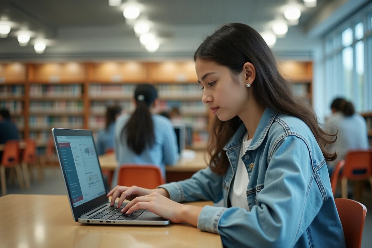 Lycéenne accédant à ses devoirs et emploi du temps en ligne sur le portail scolaire OZE 92 dans une bibliothèque