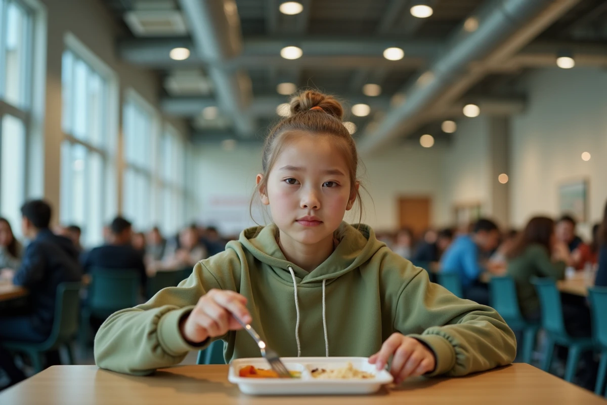 Lycéenne seule à la cantine dans un grand lycée français au moment du déjeuner