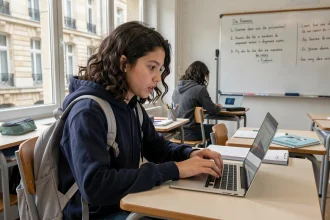 Lycéenne parisienne utilisant l'ENT Île-de-France sur un ordinateur portable dans une salle de classe moderne