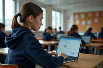 Lycéenne concentrée sur le portail numérique ENT Île-de-France sur son ordinateur portable en classe