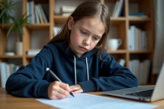 Lycéenne STMG complétant un tableau de caractérisation sur une feuille imprimée à son bureau