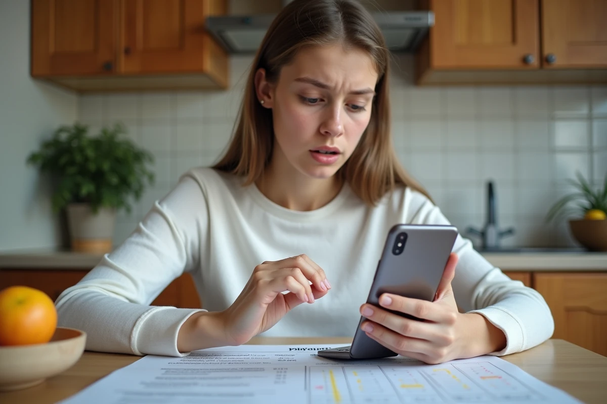 Lycéenne vérifiant sa moyenne avec coefficients sur un bulletin scolaire imprimé à la maison