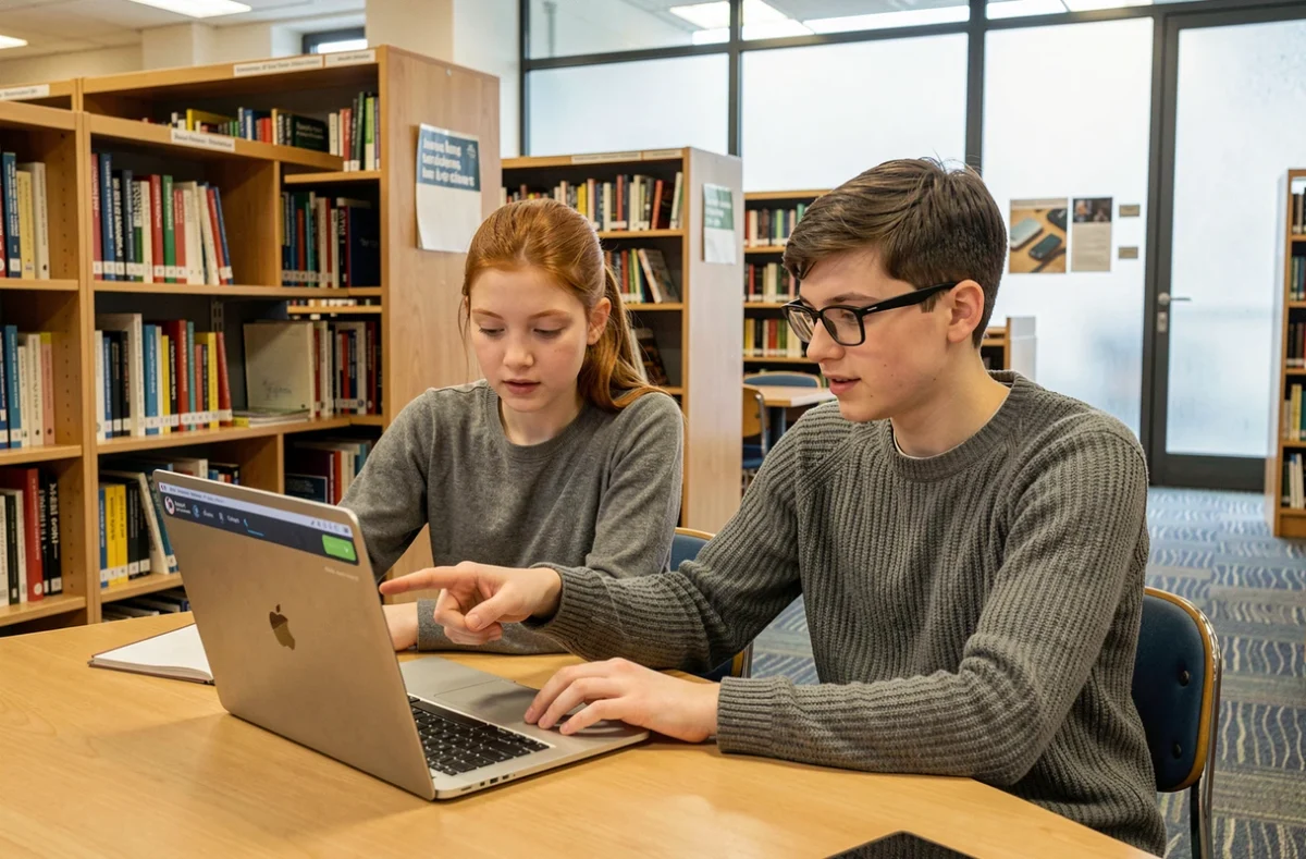 Deux lycéens travaillant ensemble sur l'ENT Île-de-France dans le CDI d'un lycée en région parisienne