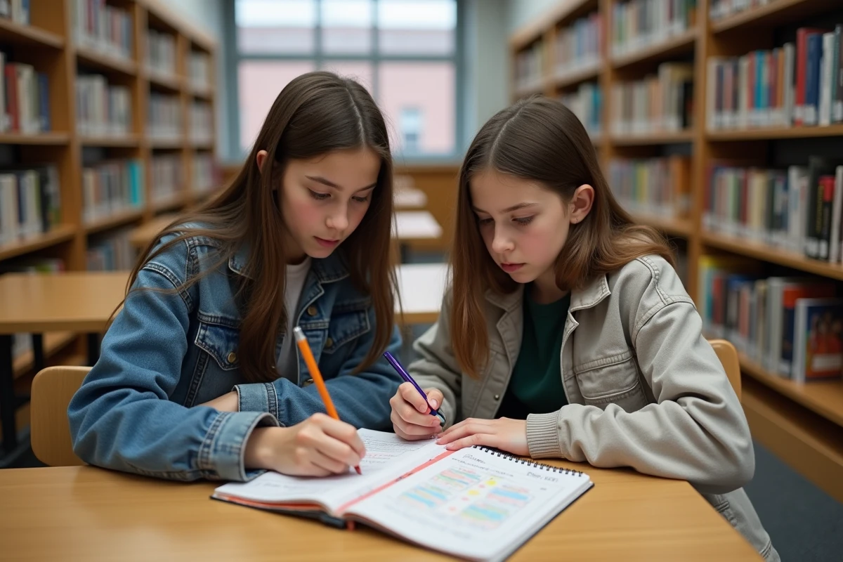 Deux lycéens STMG travaillant ensemble sur un tableau de caractérisation dans une bibliothèque scolaire