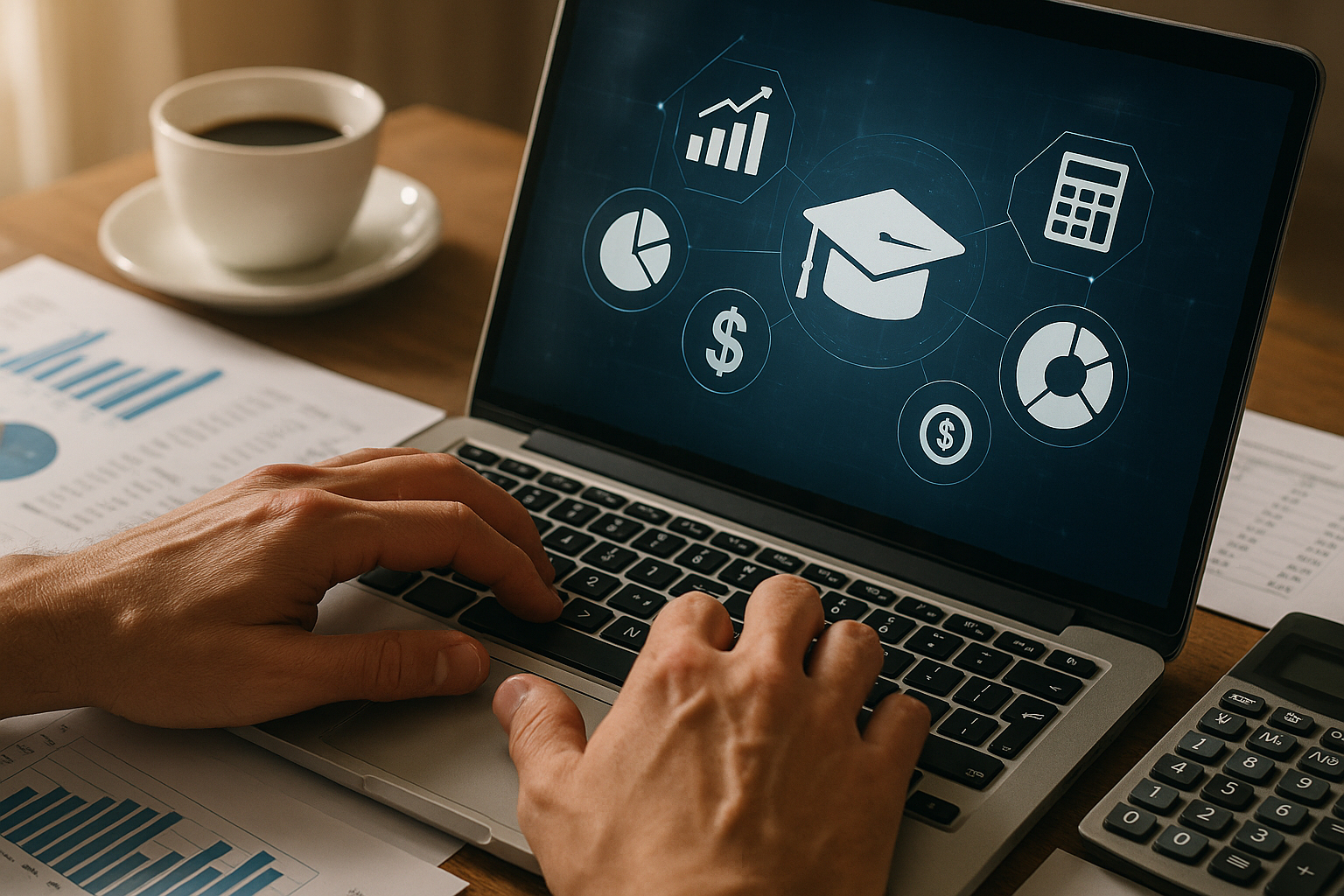 Mains tapant sur un ordinateur portable avec graphiques financiers et diplôme