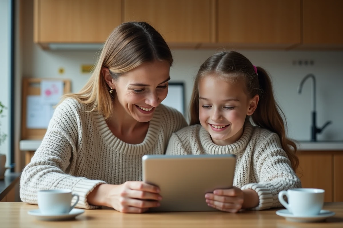 Maman et fille souriantes discutant avec une tablette à la cuisine