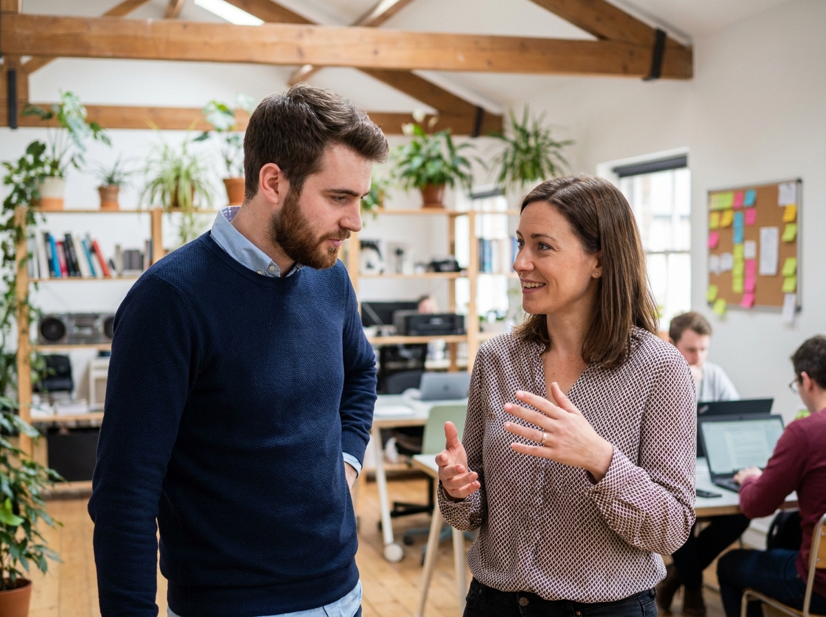 Jeune manager écoute une collègue dans un espace de coworking