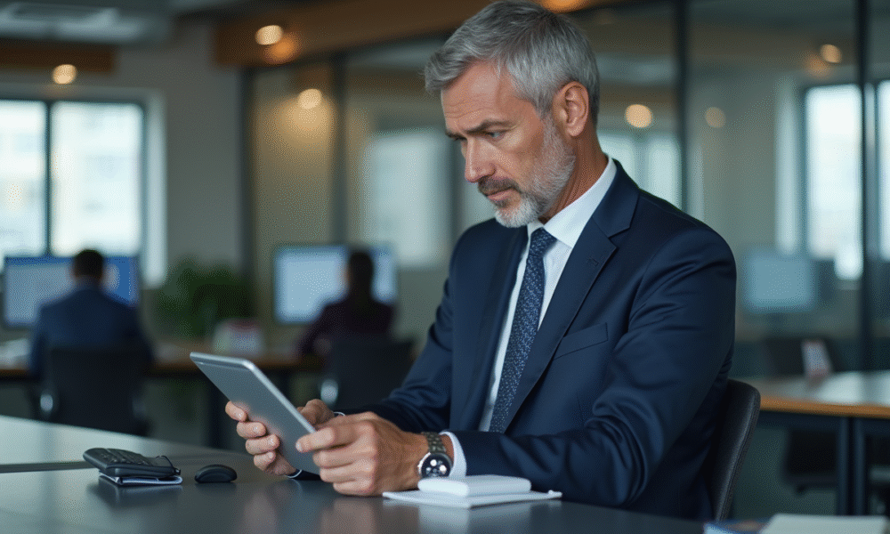 Manager en costume analyse des données sur tablette dans un bureau moderne
