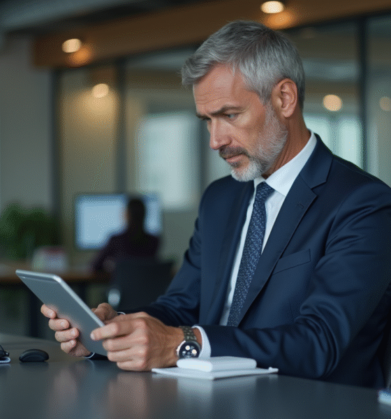 Manager en costume analyse des données sur tablette dans un bureau moderne