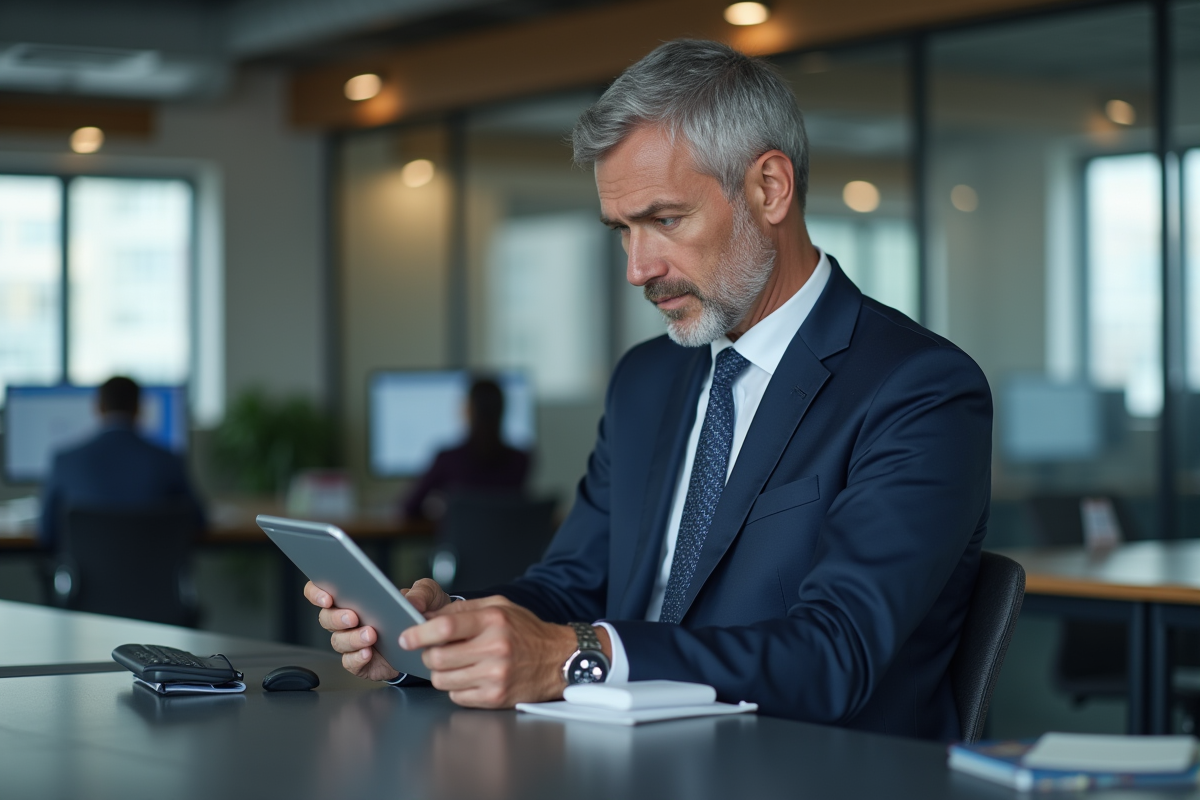 Manager en costume analyse des données sur tablette dans un bureau moderne