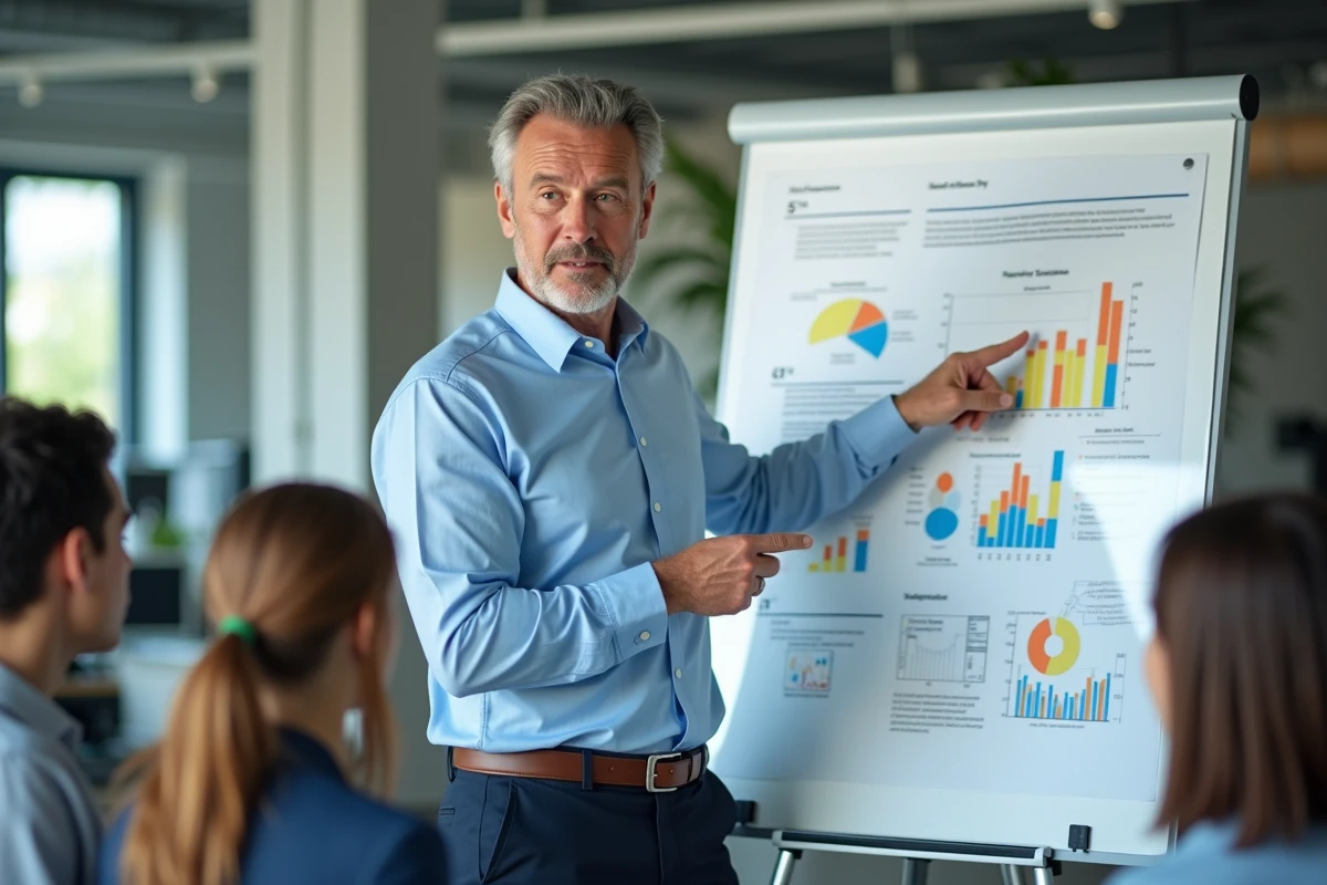 Manager devant un tableau blanc avec graphiques et notes