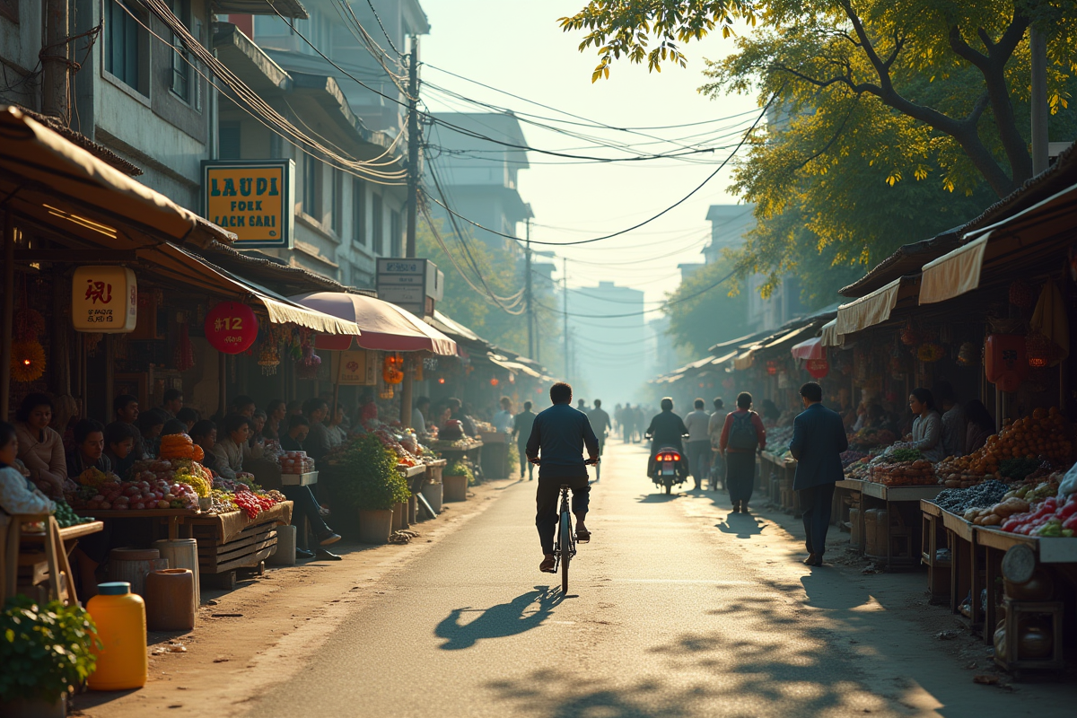Marché animé en ville et route rurale calme avec cycliste sous lumière naturelle