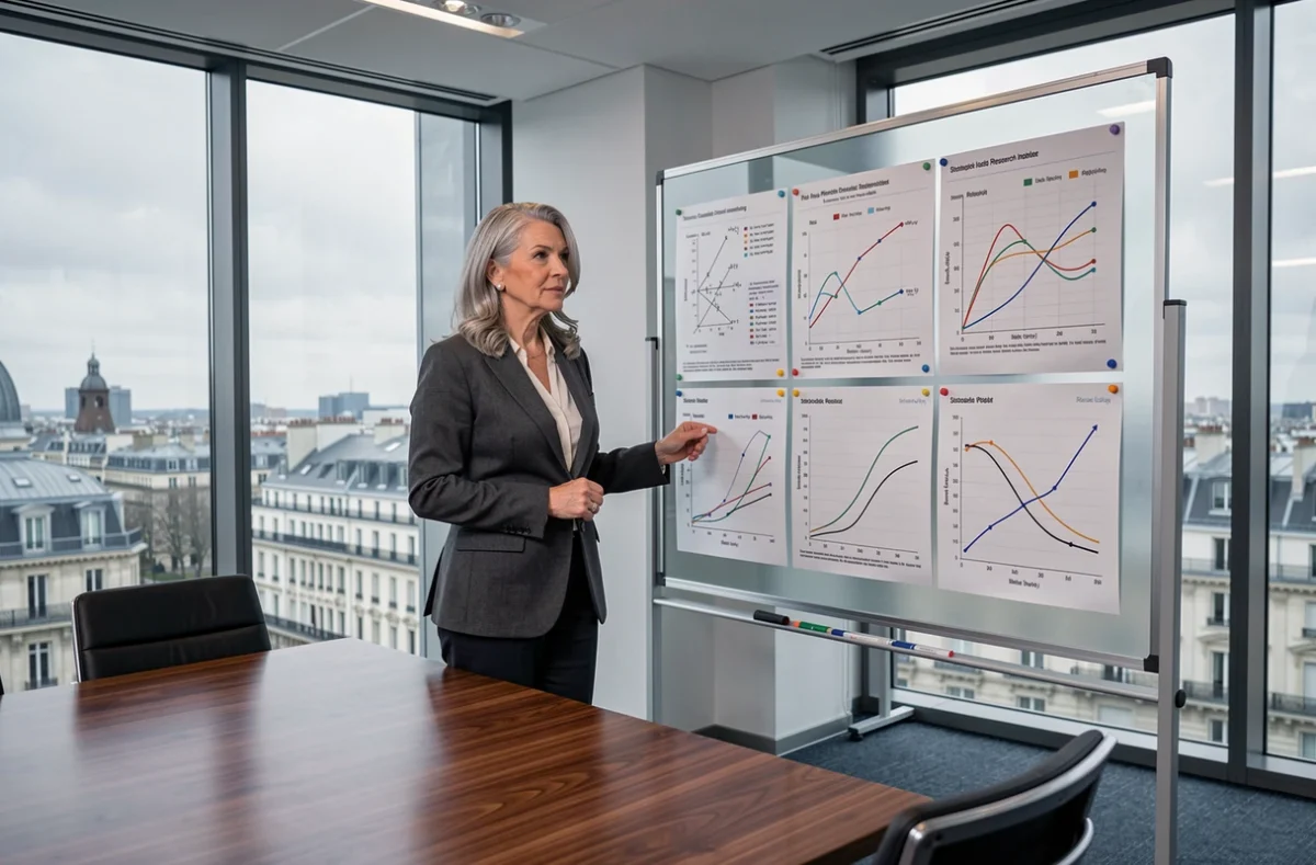 Femme mathématicienne présentant des modèles de finance quantitative dans une salle de conférence moderne à Paris